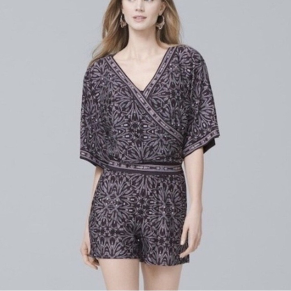 WHBM Romper Womens Medium Black Gray Kimono Sleeve V-neck Surplice Office Party